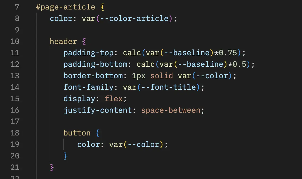 Extrait de code (S)CSS où on voit l’utilisation de variable (var(--color-article)) et une structuration du code par indentation