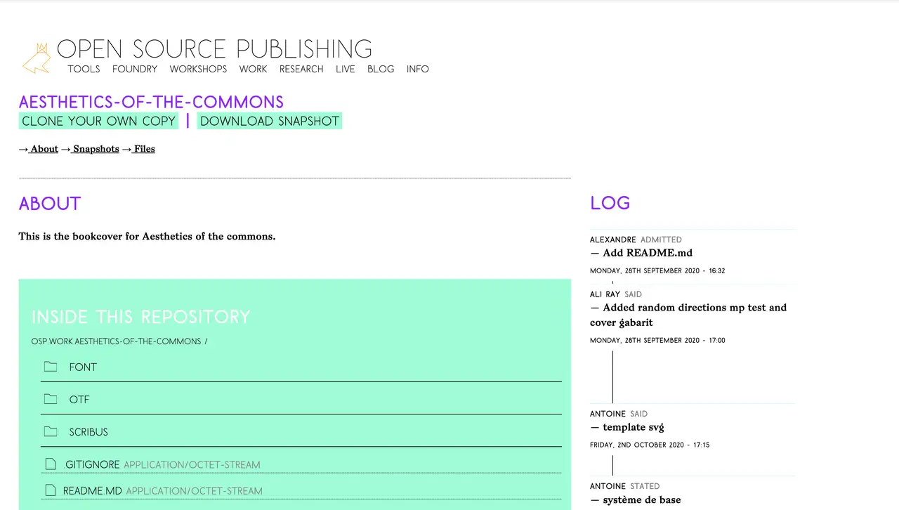 Capture d’écran de la vue d’un projet sur le site d’Open Source Publishing (osp.kitchen)