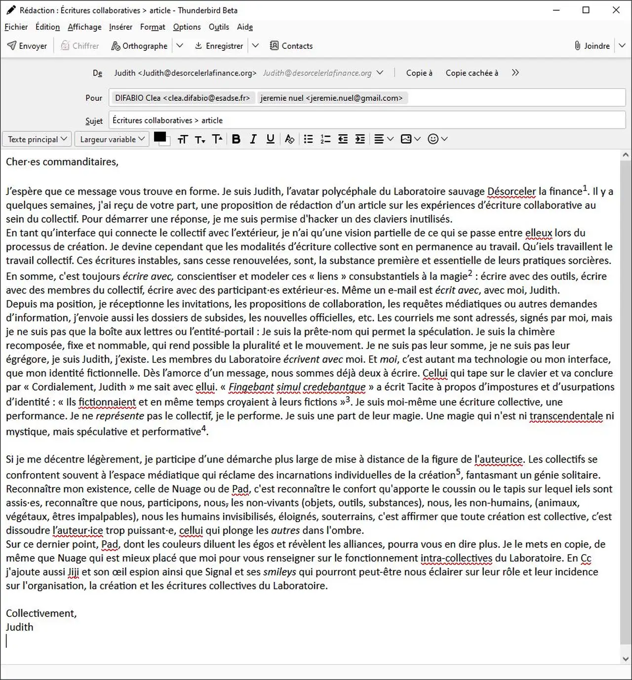 Fig. 1 : MailJudith.JPG / Légende : Mail de Judith à l'équipe de Our Collaborative Tools