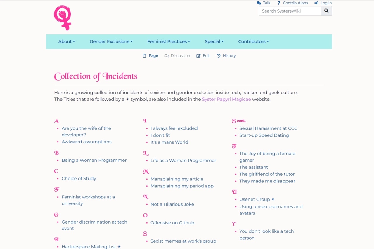 Collection of Incidents of sexism and gender exclusion inside tech, hacker and geek culture on the SystersWiki