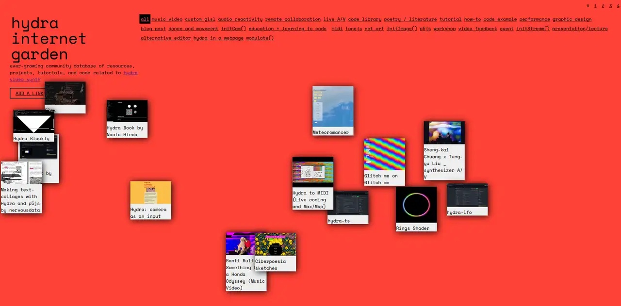 Hydra internet garden, ever-growing community database of resources, projects, tutorials, and code related to Hydra video synth