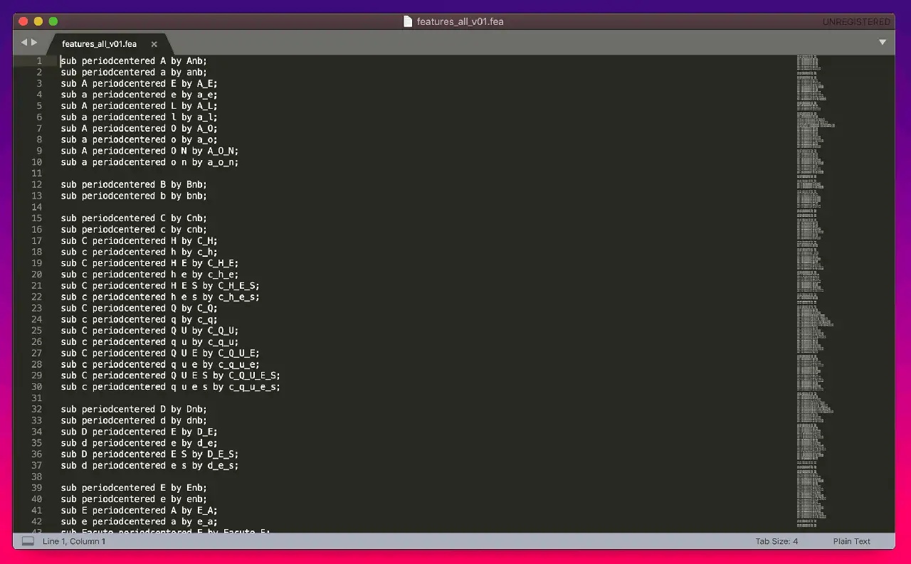 Morceau de code de features Opentype