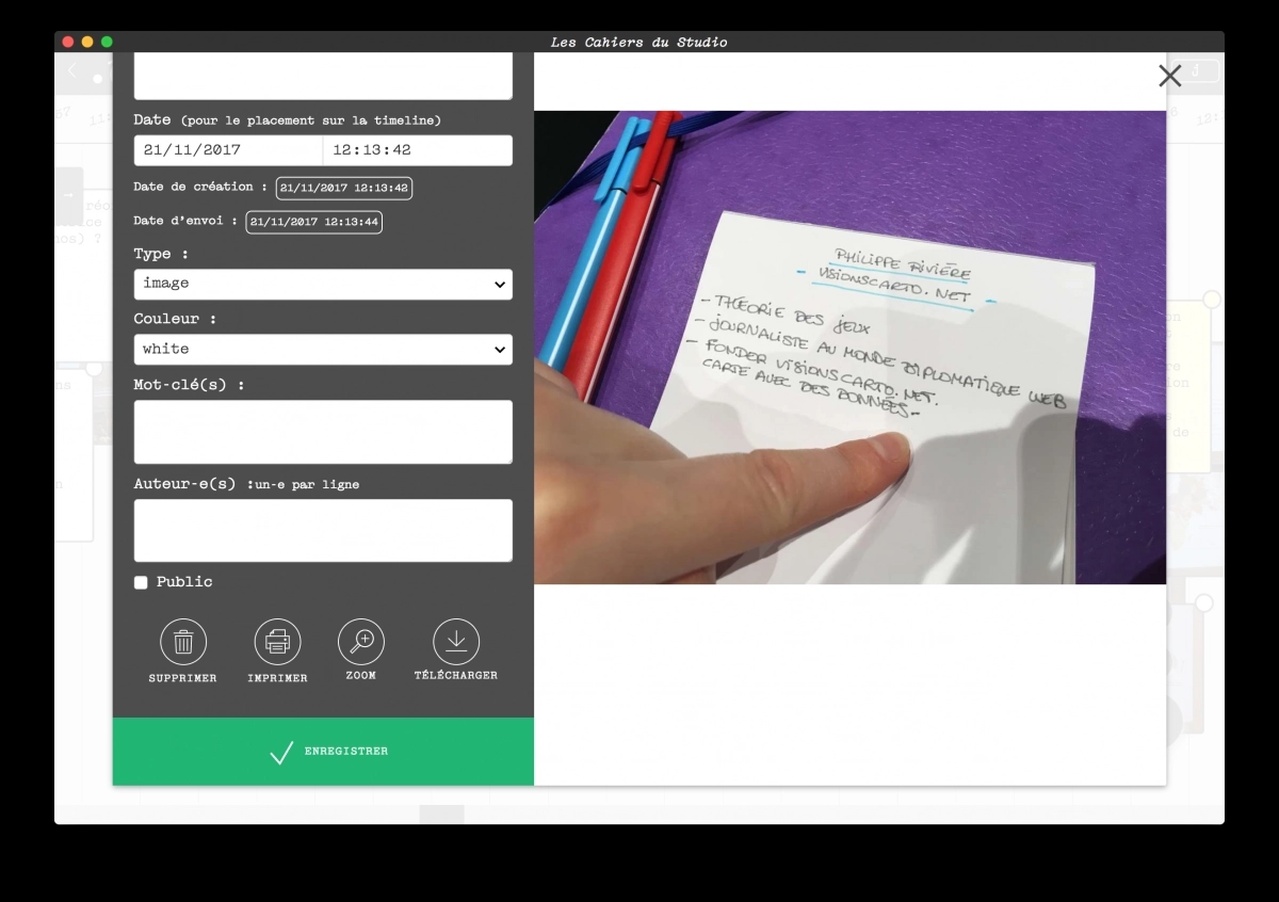 Capture d'écran de l'application Les Cahiers du Studio © L'atelier des chercheurs